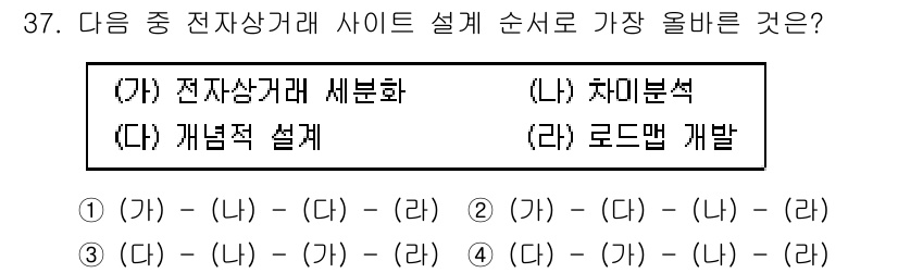 전자상거래관리사_1급 2024년 37번 - .  

전자상거래 사이트 설계는 먼저 세분화(가)를 통해 목표 시장을 ... 에 관한 핵심 기출문제