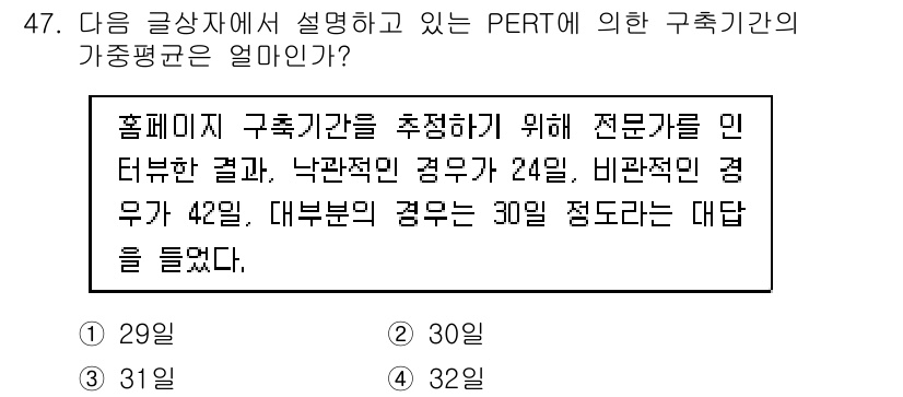 전자상거래관리사_1급 2024년 47번 - 구축기간을 추정하기 위해 PERT에서는 낙관적(Time_O), 비관적(T... 에 관한 핵심 기출문제