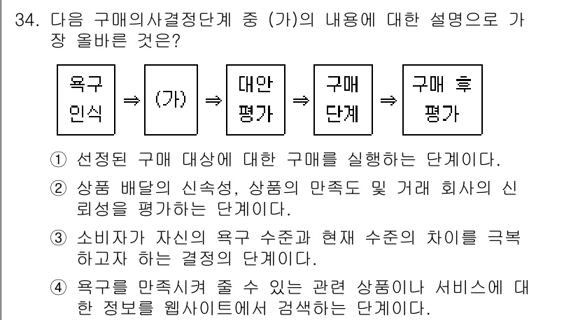 전자상거래관리사_2급 2018년 34번 - 정답 4번은 구매 후 평가에 대한 단계로, 소비자가 구매한 제품에 대한 ... 에 관한 핵심 기출문제