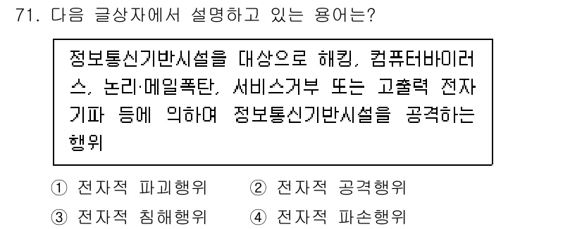 전자상거래관리사_2급 2018년 71번 - . 전자적 침해행위

정답인 이유는 정보통신기반시설에 대한 해킹, 컴퓨터... 에 관한 핵심 기출문제