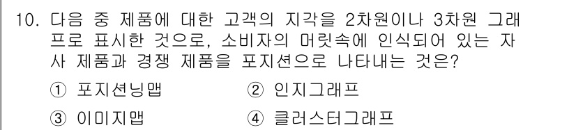 전자상거래관리사_2급 2019년 10번 - . 

포지셔닝 맵은 제품의 위치를 소비자의 인식 속에서 시각적으로 나타... 에 관한 핵심 기출문제