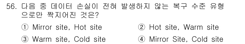 전자상거래관리사_2급 2019년 56번 - .  
Mirror site와 Hot site는 데이터가 실시간으로 동기... 에 관한 핵심 기출문제