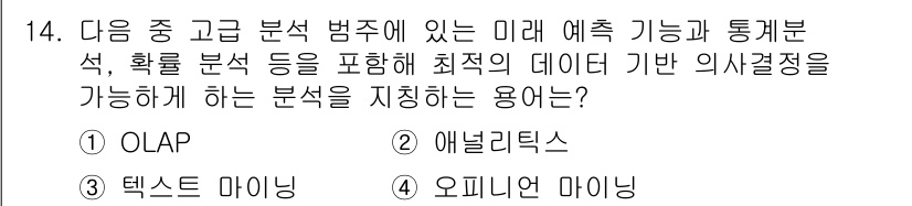 전자상거래관리사_2급 2020년 14번 - 정답은 2번 '애널리틱스'입니다. 애널리틱스는 데이터 분석을 통해 과거와... 에 관한 핵심 기출문제
