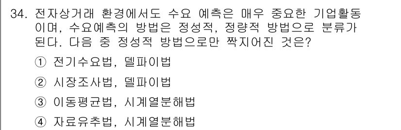 전자상거래관리사_2급 2021년 33번 - . 시장조사법, 델파이법은 수요예측의 한 방법론입니다. 이 방법은 전문가... 에 관한 핵심 기출문제
