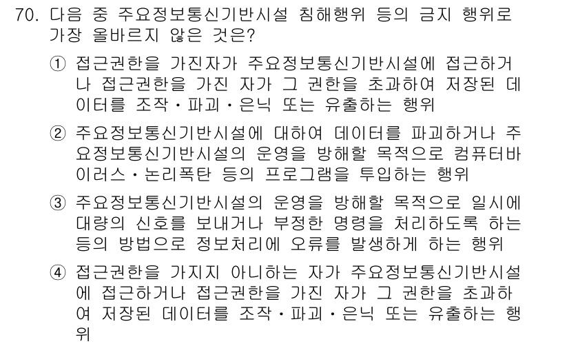 전자상거래관리사_2급 2021년 69번 - . 

주요 정보통신기반시설의 운영을 방해할 목적이 아닌 경우는 금지 행... 에 관한 핵심 기출문제
