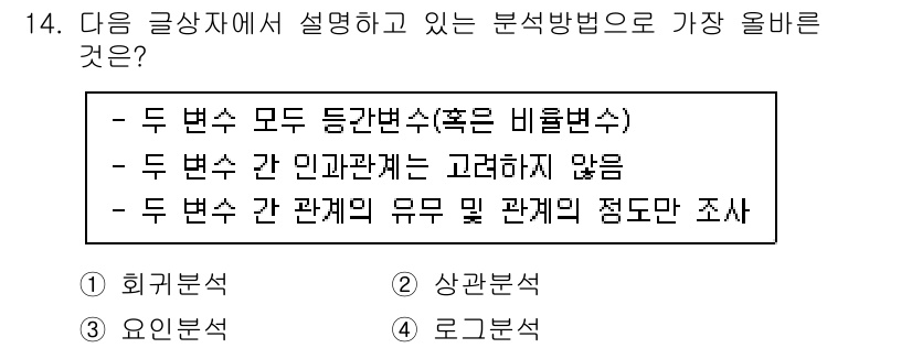 전자상거래관리사_2급 2022년 14번 - . 

정답인 이유는 상관분석이 두 변수 간의 관계를 연구하는 방법이라는... 에 관한 핵심 기출문제