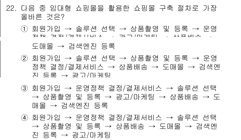 전자상거래관리사_2급 2022년 22번 - 정답 2번은 쇼핑몰 구축 절차를 따라 순서대로 진행되는 구조입니다. 특히... 에 관한 핵심 기출문제
