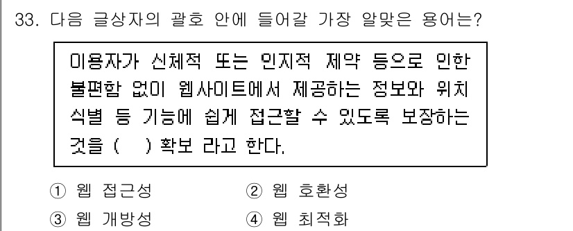 전자상거래관리사_2급 2023년 33번 - 정답은 1번 "접근권"이다. 접근권은 사용자가 웹사이트에서 정보와 기능에... 에 관한 핵심 기출문제