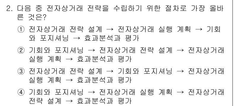 전자상거래관리사_2급 2024년 2번 - . 

유효한 전자상거래 전략 수립을 위해서는 먼저 전략 설계가 필요하고... 에 관한 핵심 기출문제