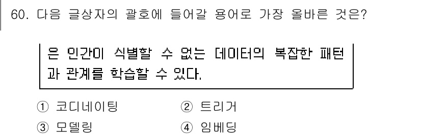 전자상거래관리사_2급 2024년 60번 - 정답은 4번 임의용이다. 이는 인간이 인식할 수 없는 데이터의 복잡한 패... 에 관한 핵심 기출문제