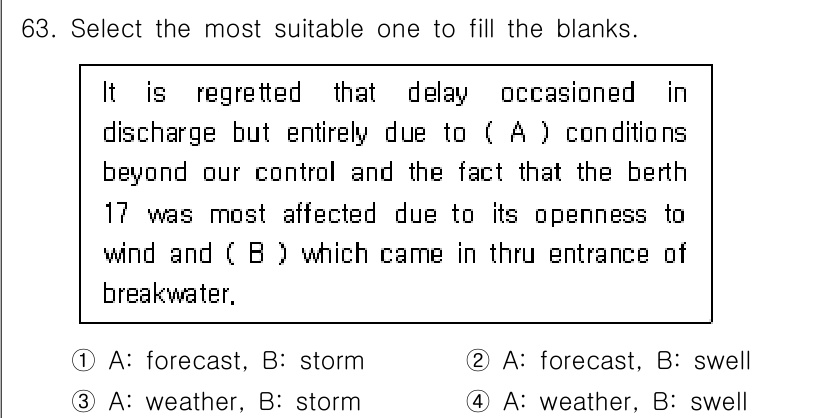 검량사 2015년 63번 - 첫 번째 빈칸에는 "weather"가 적합하여 기상 조건과 관련된 의미를... 에 관한 핵심 기출문제