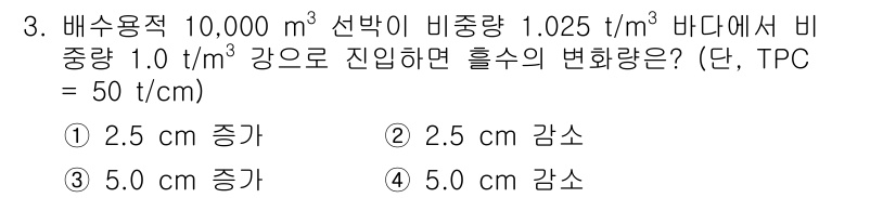 검량사 2019년 3번 - 비중량과 진압한 흘수의 변화량을 고려할 때, 주어진 비중량이 1.025 ... 에 관한 핵심 기출문제