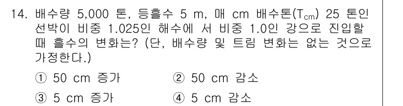 검량사 2020년 14번 - 정답은 3번 "5 cm 감소"입니다. 배수량이 5,000톤이고, 부피가 ... 에 관한 핵심 기출문제