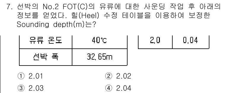 검량사 2020년 7번 - . 

FOT 값에 따라 Sounding depth를 계산할 때, 주어진... 에 관한 핵심 기출문제