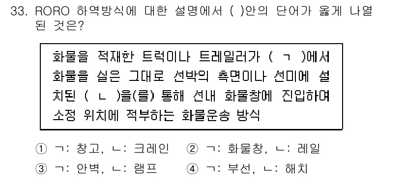 검량사 2022년 33번 - Roro 하역 방식은 화물을 적재한 트레일러가 특정 구역에서 선박의 화물... 에 관한 핵심 기출문제