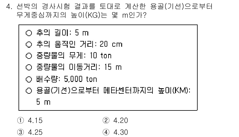검량사 2023년 4번 - 정답은 3. 4.20이다.  
선박의 용적을 계산할 때, 제시된 요소들(... 에 관한 핵심 기출문제