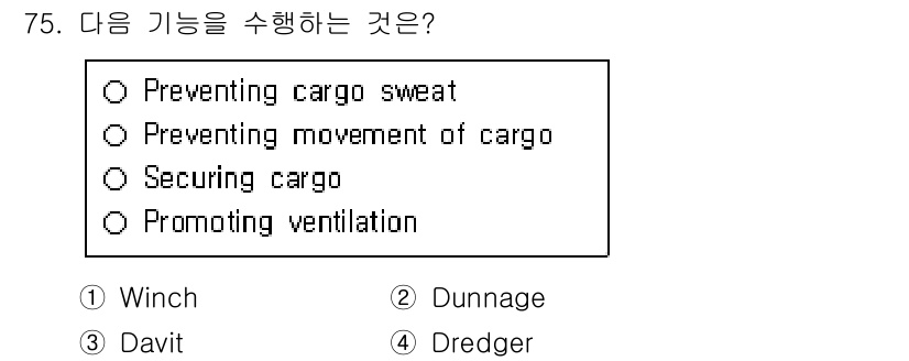 검량사 2024년 75번 - . 

Dunnage는 화물이 서로 붙어 있거나 움직이지 않도록 안전하게... 에 관한 핵심 기출문제
