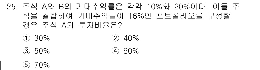 공인노무사_1차(경영학개론)(구) 2025년 25번 - 주식 A와 B의 기대수익률을 고려할 때, 주식 A와 B의 투자 비율을 비... 에 관한 핵심 기출문제