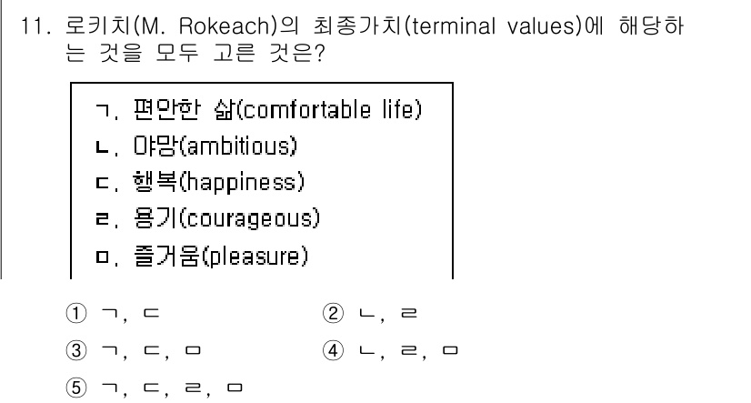 공인노무사_1차(경영학개론) 2025년 11번 - 로키치의 최종 가치는 개인의 삶의 목표와 관련된 가치들로 구성되며, 이는... 에 관한 핵심 기출문제