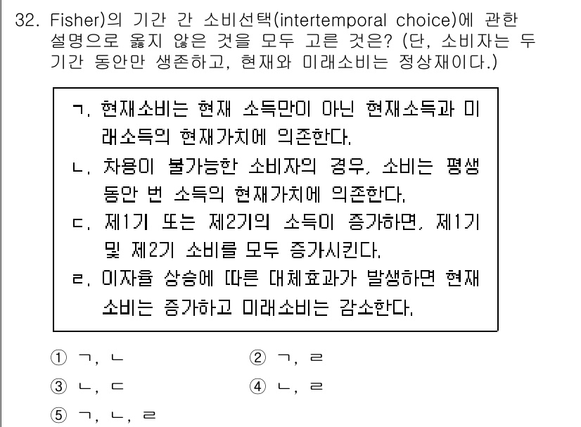 공인노무사_1차(경제학원론) 2025년 32번 - 정답 4는 현재 소득과 미래 소득의 선택에 관한 것으로, 소비자가 현재와... 에 관한 핵심 기출문제