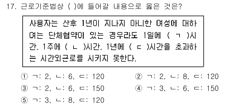 공인노무사_1차(노동법1) 2025년 17번 - 정답 3번이 맞는 이유는, 법적인 근로시간 기준에 따르면, 여성이 출산휴... 에 관한 핵심 기출문제