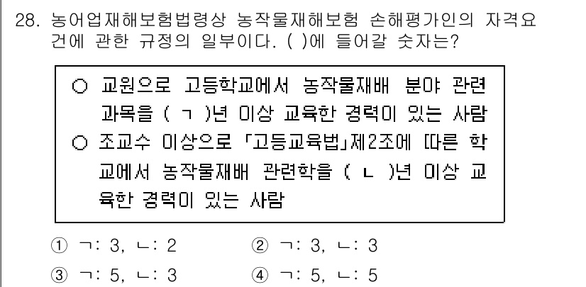 손해평가사 2025년 28번 - 고등학교 및 대학 이상의 농작물 재배 관련 학과에서 교육을 받은 사람은 ... 에 관한 핵심 기출문제
