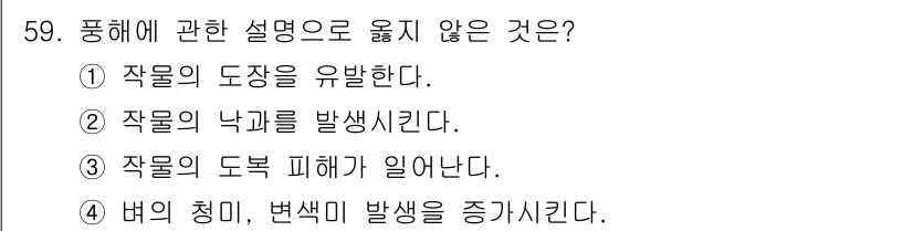 손해평가사 2025년 59번 - 풍해에 관한 설명 중 옳지 않은 것은 ①입니다. 작물의 둥장을 유발하는 ... 에 관한 핵심 기출문제