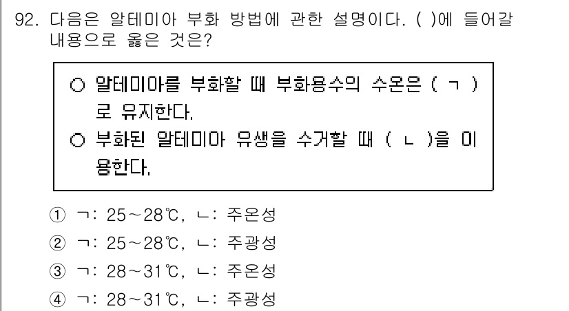 수산물품질관리사_1차 2025년 92번 - 알데미아 부화 시, 적정 수온 범위는 25~28°C로 유지되어야 하며, ... 에 관한 핵심 기출문제