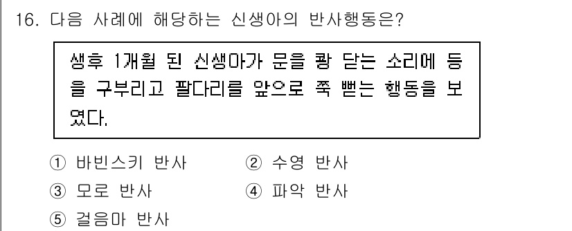 청소년상담사_3급(1교시)(구) 2024년 16번 - 정답은 3번 '파악 반사'입니다. 신생아가 문을 툭 치거나 소리에 반응하... 에 관한 핵심 기출문제