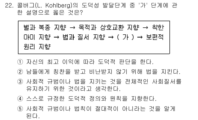 청소년상담사_3급(1교시)(구) 2024년 22번 - 콜버그의 도덕성 발달 단계 중 '가' 단계는 사회적 규범의 이해와 존중을... 에 관한 핵심 기출문제