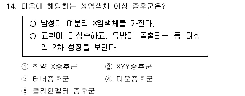 청소년상담사_3급(1교시) 2024년 14번 - 정답은 5번 "클라인펠터 증후군"입니다. 이 증후군은 남성의 성엽체가 X... 에 관한 핵심 기출문제
