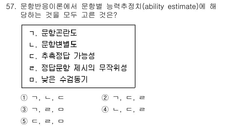 청소년상담사_3급(1교시) 2024년 57번 - 문항별 능력 추정에 대한 개념은 각 문항의 특성을 반영해야 하므로, "문... 에 관한 핵심 기출문제