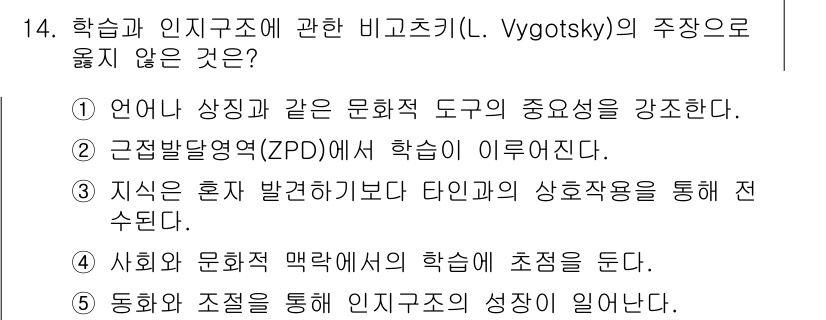 청소년상담사_3급(2교시)(구) 2024년 14번 - Vygotsky의 이론에 따르면, 동화와 조정은 학습 및 인지 구조의 발... 에 관한 핵심 기출문제