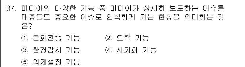 청소년상담사_3급(2교시)(구) 2024년 37번 - 정답은 5번, 의제설정 기능입니다. 이는 미디어가 특정 이슈를 부각시켜 ... 에 관한 핵심 기출문제