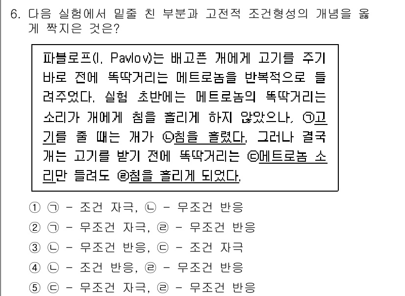 청소년상담사_3급(2교시)(구) 2024년 6번 - 이 문제는 파블로프의 고전적 조건형성을 설명하는 실험을 다루고 있습니다.... 에 관한 핵심 기출문제