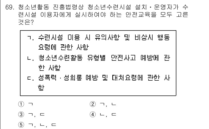 청소년상담사_3급(2교시)(구) 2024년 69번 - 청소년 상담사 3급에서 청소년시설 이용자는 비상시 행동 요령에 대한 안전... 에 관한 핵심 기출문제