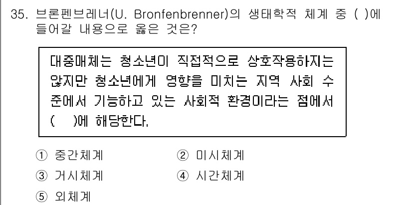 청소년상담사_3급(2교시) 2024년 35번 - 브론펜브레너의 생태학적 체계에서 청소년이 직접적으로 상호작용하는 환경을 ... 에 관한 핵심 기출문제