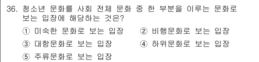 청소년상담사_3급(2교시) 2024년 36번 - 청소년 문화를 사회 전체 문화와의 관계에서 이해하려면 하위 문화의 관점을... 에 관한 핵심 기출문제