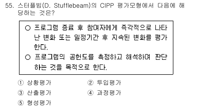 청소년상담사_3급(2교시) 2024년 55번 - 정답 3은 CIPP 평가모형에서의 프로그램 평가를 설명하고 있습니다. C... 에 관한 핵심 기출문제