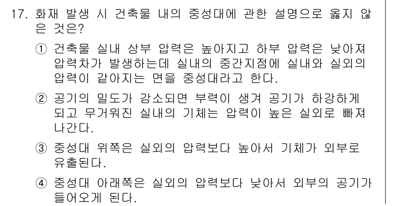 소방시설관리사 2025년 17번 - 이유: 공기의 일단이 고압되면 부력에 의해 상승하게 되며, 이는 실내의 ... 에 관한 핵심 기출문제