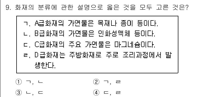 소방시설관리사 2025년 9번 - 1. A급 화재는 종이 및 목재 등으로 발생하며, 일반적인 화재의 기준입... 에 관한 핵심 기출문제