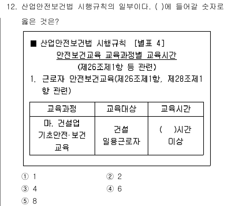 산업보건지도사 2024년 12번 - 산업안전보건법 제26조에 따라, 근로자 안전보건교육은 법정 교육대상인 건... 에 관한 핵심 기출문제
