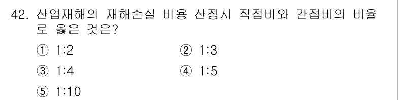 산업보건지도사 2025년 42번 - 산업재해의 재해손실 비용 산정 시, 일반적으로 직접비와 간접비의 비율은 ... 에 관한 핵심 기출문제