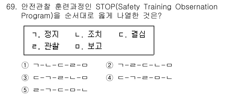 산업보건지도사 2025년 69번 - . 

STOP은 안전교육 프로그램으로 순차적으로 진행되는 과정을 나타냅... 에 관한 핵심 기출문제