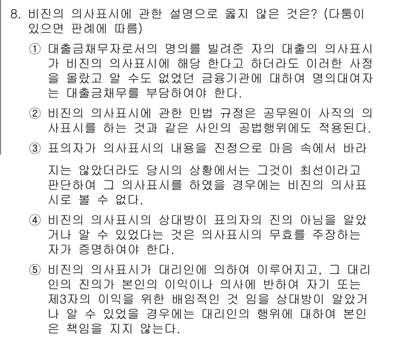 변리사_1차(2교시) 2025년 8번 - 정답이 2번인 이유는, 대출증명서의 의사표시가 비진의사표시로 분류되지 않... 에 관한 핵심 기출문제