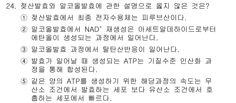변리사_1차(3교시) 2025년 24번 - 정답은 5번이다.ATP 생성 과정에서 NADH 재생성은 아데노신삼인산(A... 에 관한 핵심 기출문제