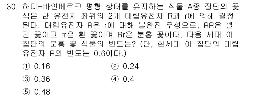 변리사_1차(3교시) 2025년 30번 - 문제에서 주어진 조건에 따라 RQ의 대립유전자의 빈도는 RR, Rr, r... 에 관한 핵심 기출문제