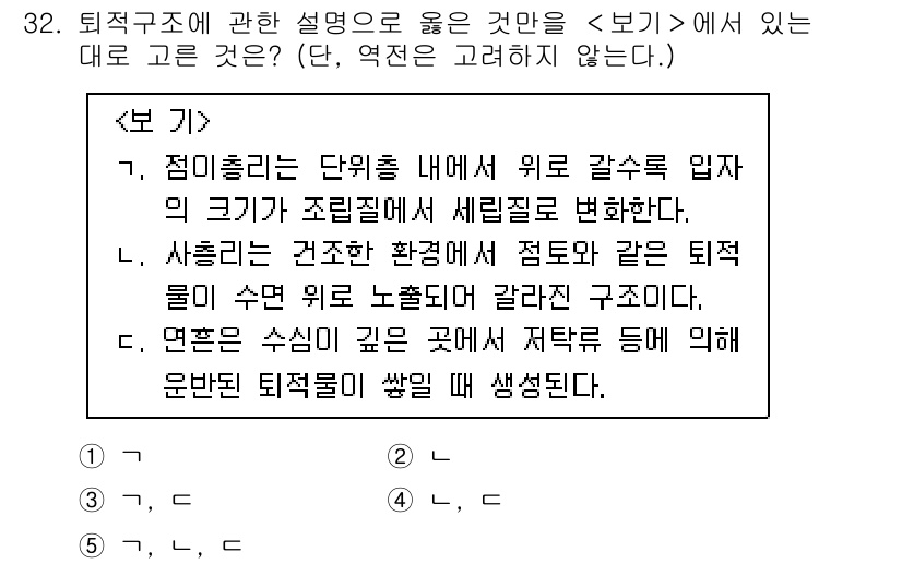 변리사_1차(3교시) 2025년 32번 - 정답은 1입니다. 주어진 설명에서 "퇴적물의 수위는 낮아질 때 갈라진 구... 에 관한 핵심 기출문제
