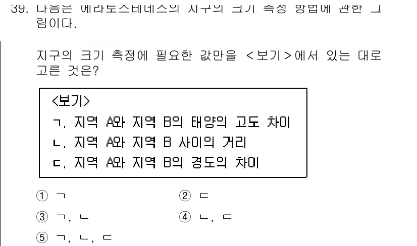 변리사_1차(3교시) 2025년 39번 - . 

지구의 크기 측정에 필요한 정보는 두 지역 간의 거리와 해당 지점... 에 관한 핵심 기출문제