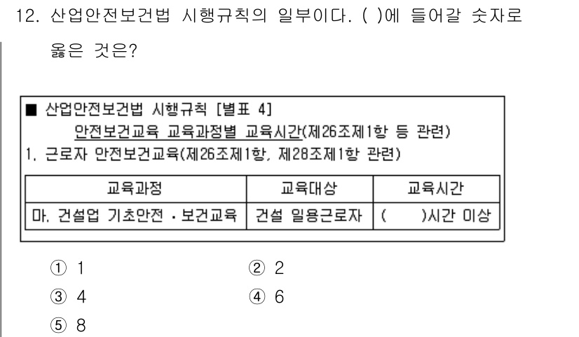 산업안전지도사 2024년 12번 - 산업안전보건법 시행규칙 제4조에 따르면, 교육시간과 교육대상에 대한 기준... 에 관한 핵심 기출문제
